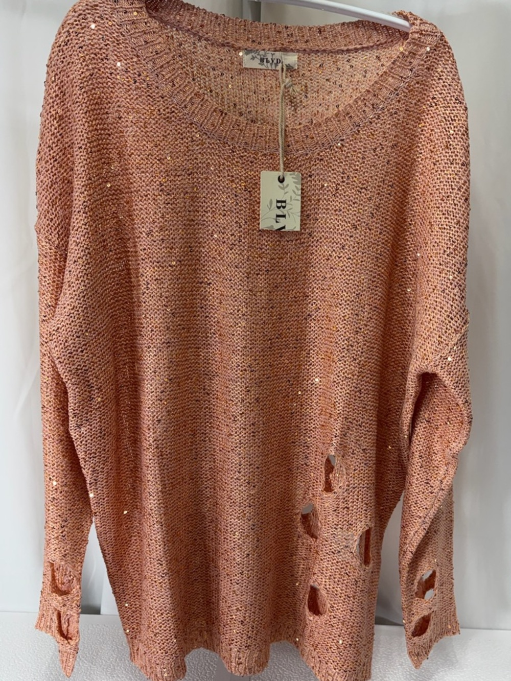 BLVD Peach Sequin Open-Knit Distressed Sweater 2963